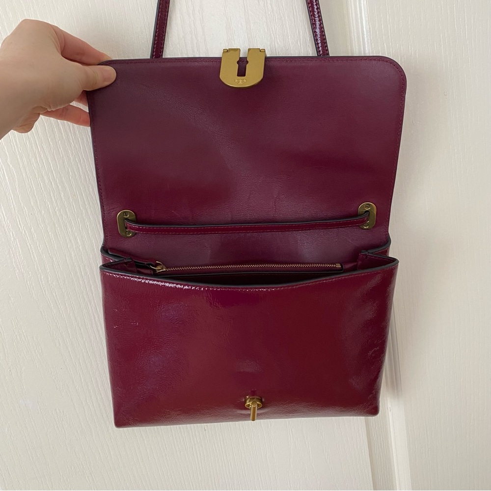 Tory Burch Burgundy Wine Red Maroon Patent Leather Shoulder Bag - Picture 11 of 14